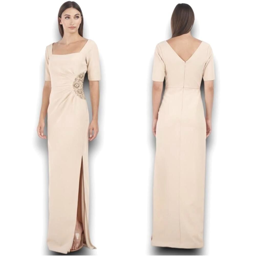 JS Collections Column Gown 8 Embellished Side Slit Formal Event Cream Ashley